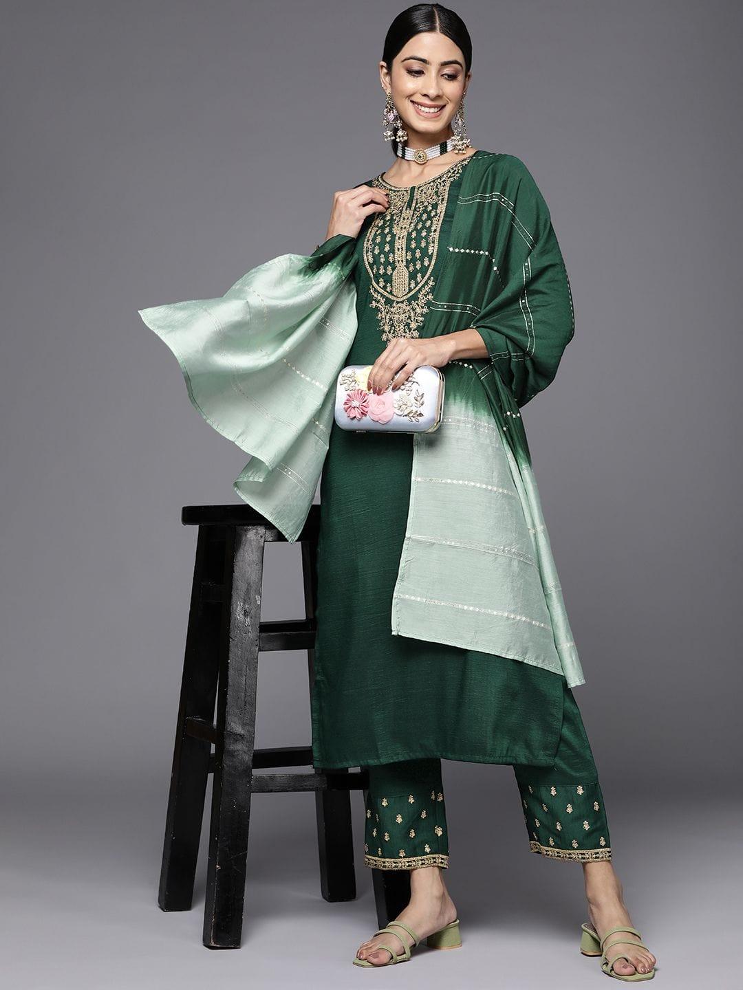 Varanga Green Embroidered Kurta With Embroidered Trouser And Ombre Dupatta - Indiakreations