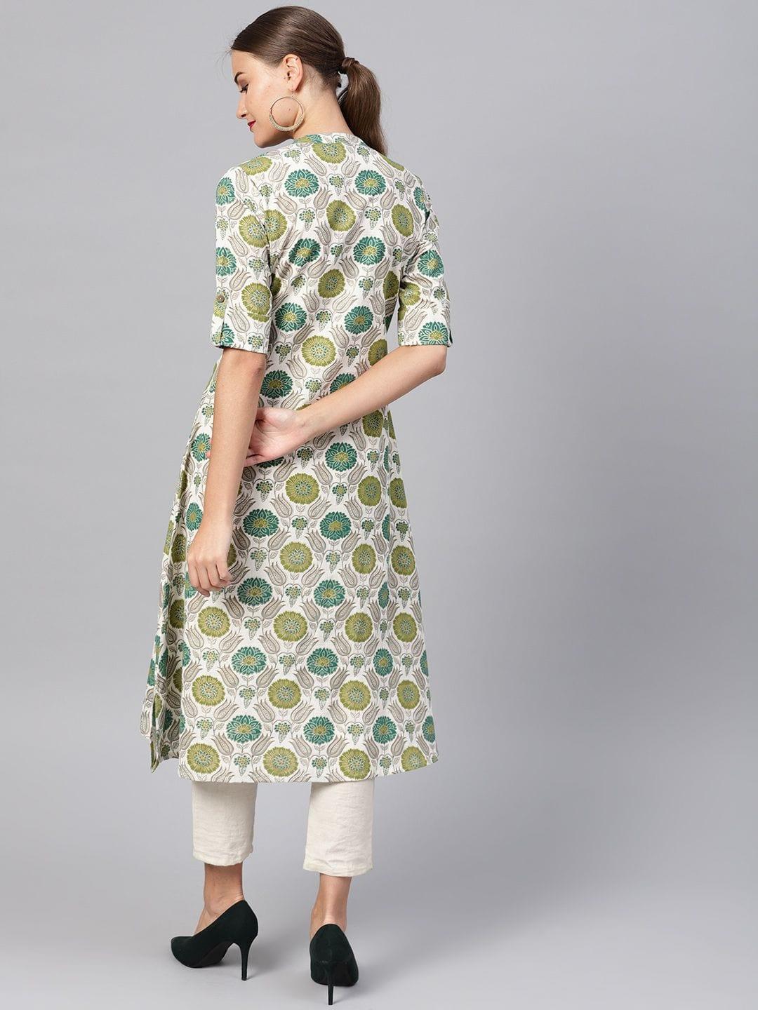 Women Off-White & Green Printed A-Line Kurta - Indiakreations