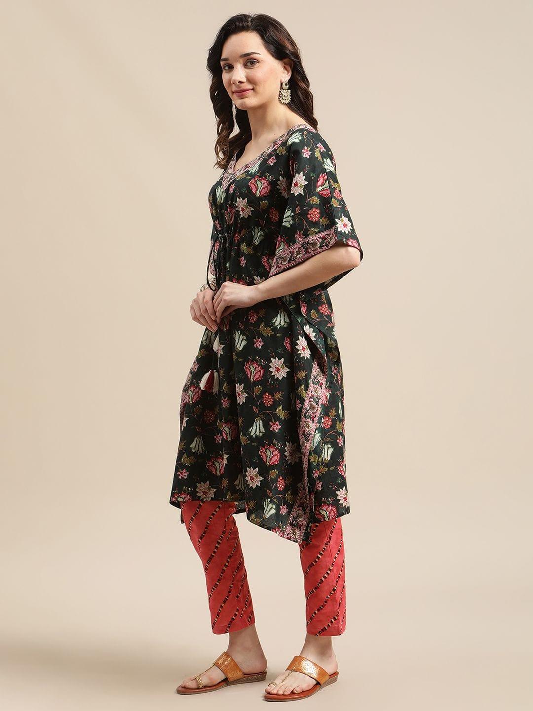 Varanga Green And Peach Floral Print Kaftan Trouser Set. - Indiakreations