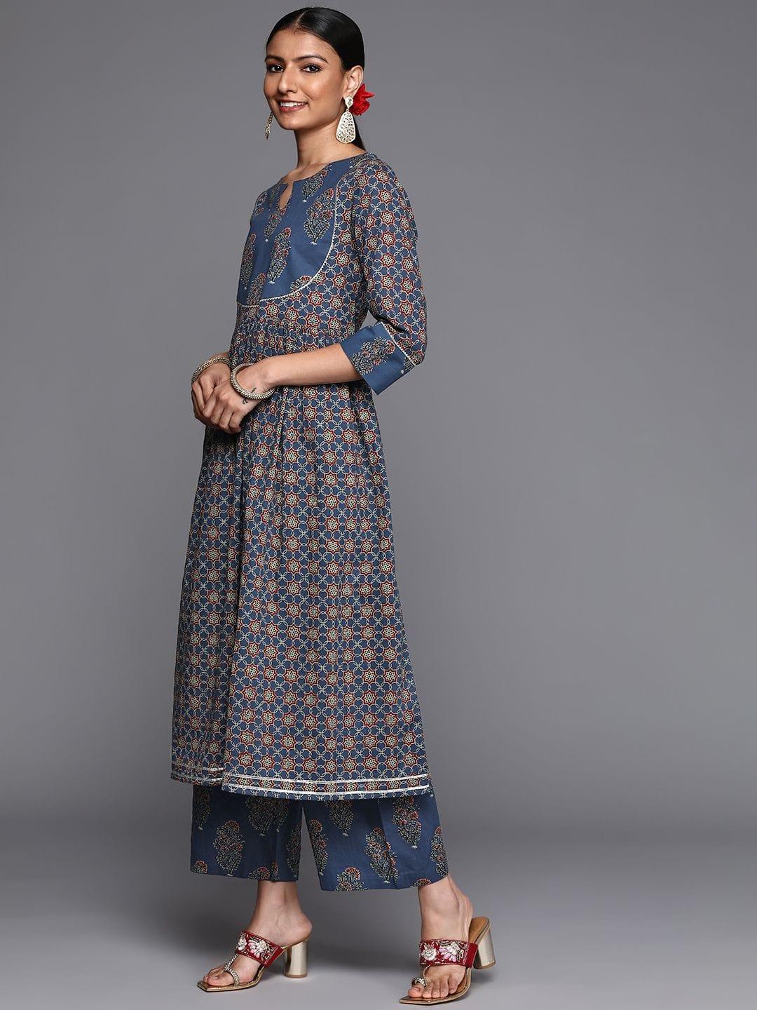 Varanga blue and rust yoke style anarkali paired with printed palazzo and ombre dupatta - Indiakreations