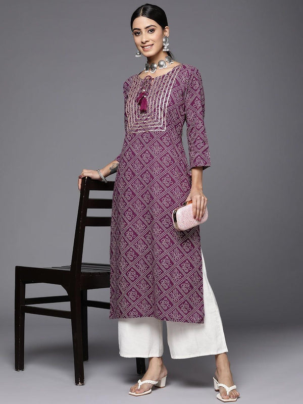 Purple Round Neck Straight Kurta With Lace Detailing On Yoke - Indiakreations