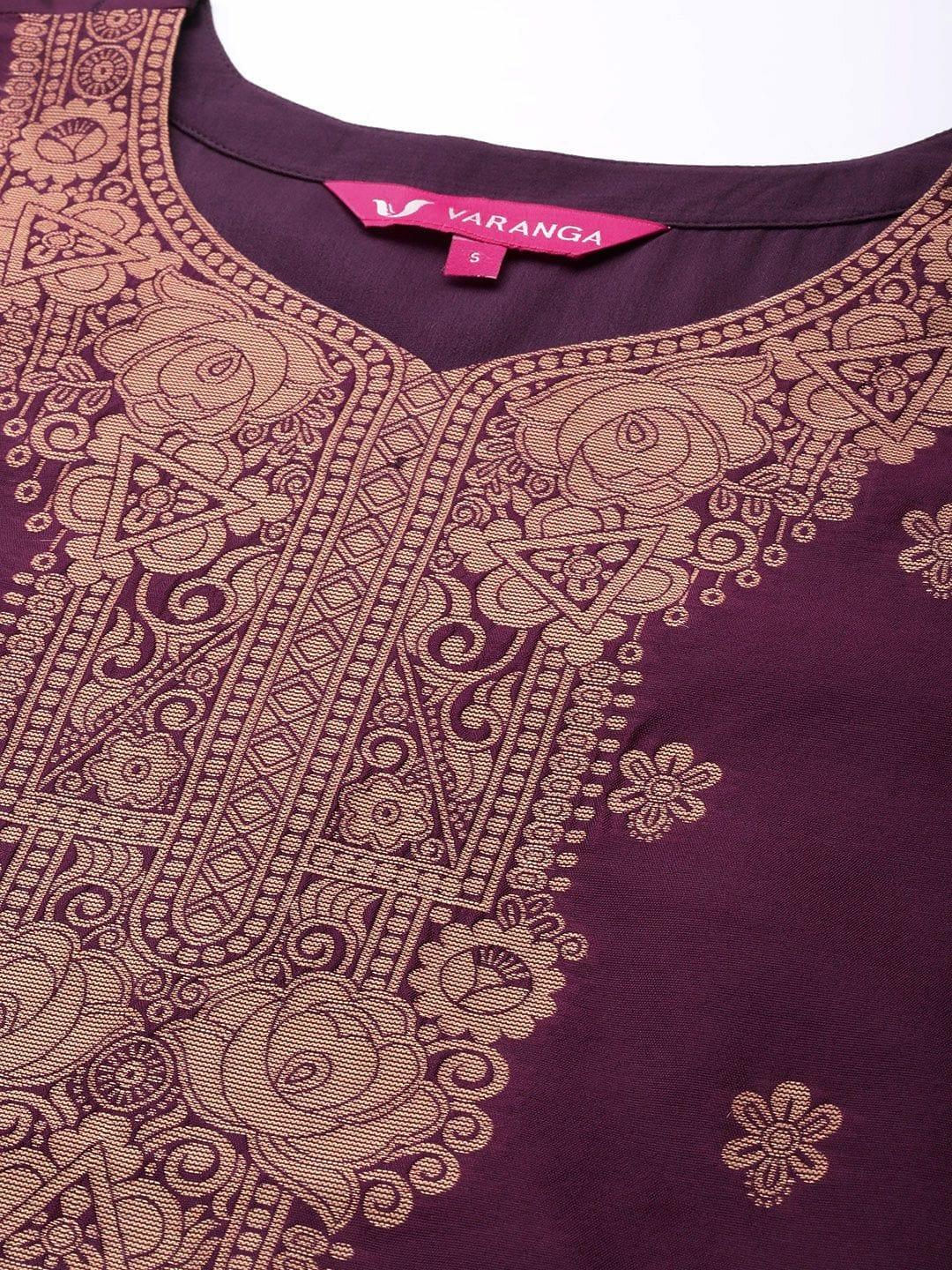 Varanga purple brocade kurta paired with straight trouser and chiffon dupatta - Indiakreations