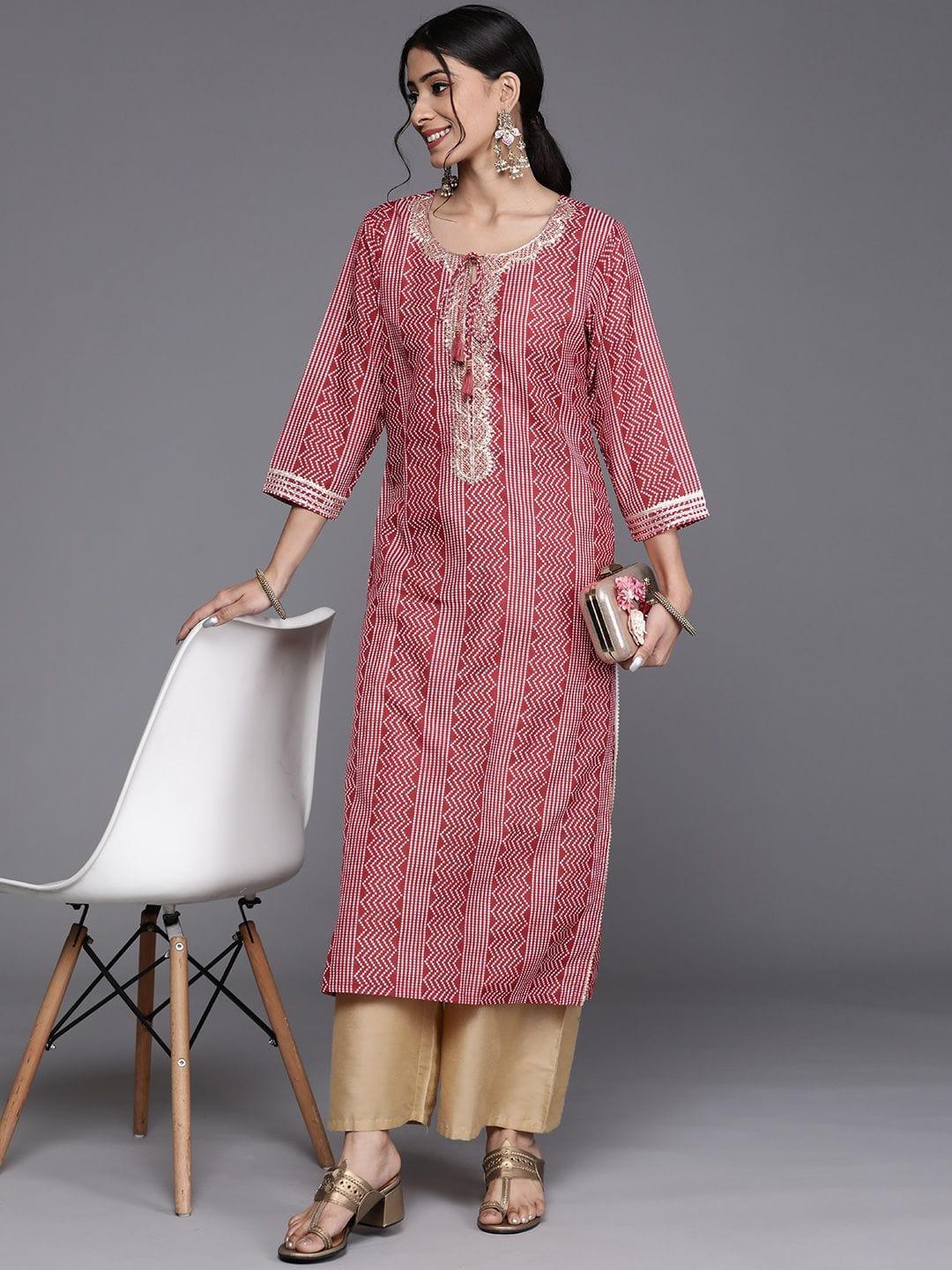 Women Red & Beige Bandhani Printed Indie Prints Kurta - Indiakreations