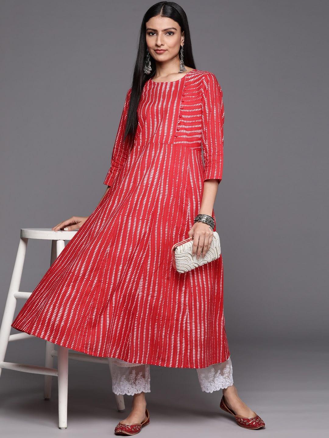 red printed A-line kurta with three quarter sleeves - Indiakreations