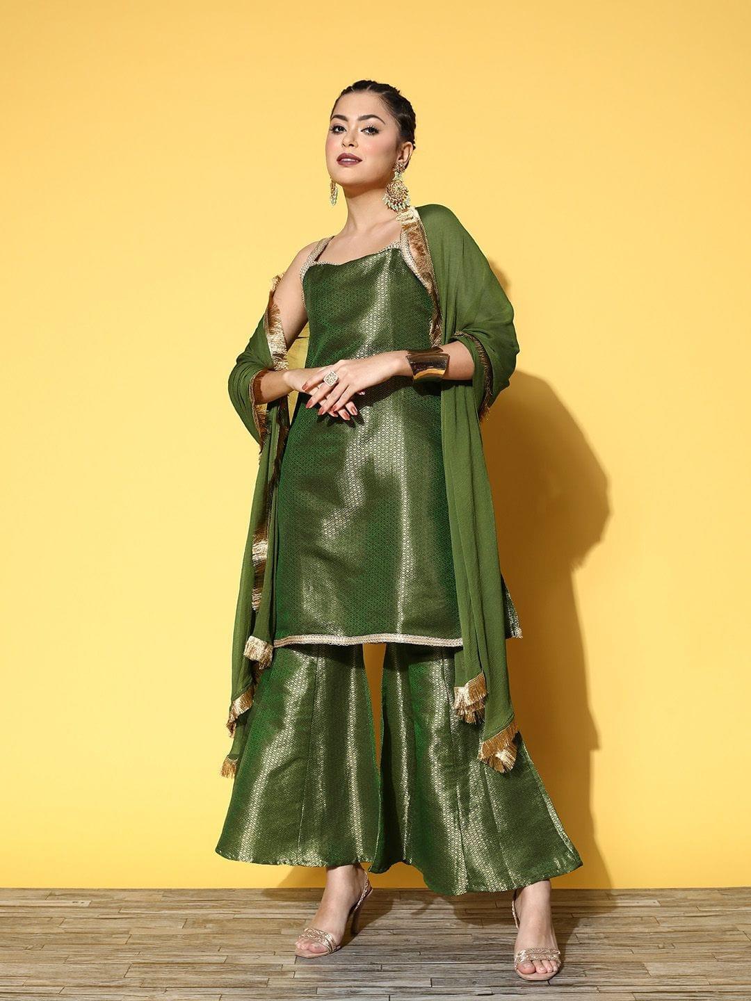 Varanga Women Green Geometric Woven Design Kurta with Sharara & Dupatta - Indiakreations