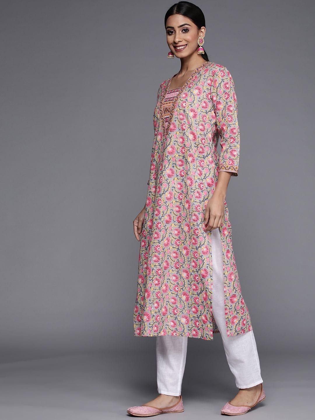 Women Taupe & Pink Cotton Floral Print Kurta - Indiakreations