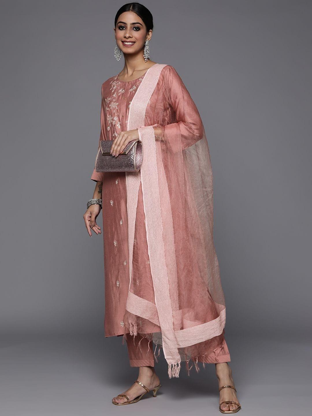 Varanga pink embroidered kurta paired straight tonal bottom and dupatta - Indiakreations