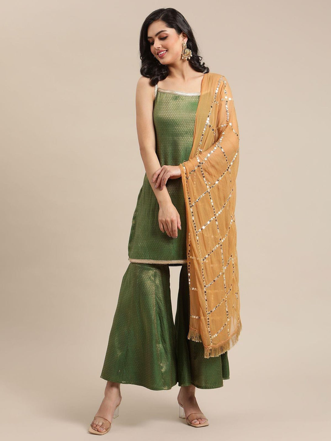 Varanga Green Brocade Kurta With Sharara And Paired With Beige Georgette Dupatta - Indiakreations