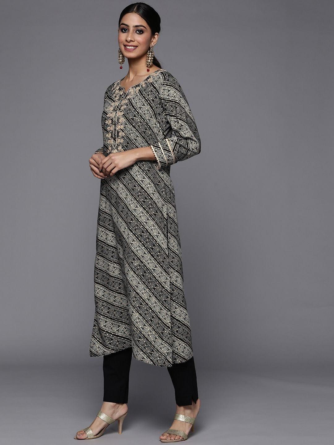 grey and black bandhani printed kurta with embroidered yoke - Indiakreations