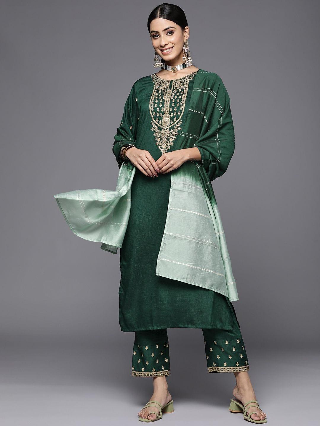 Varanga Green Embroidered Kurta With Embroidered Trouser And Ombre Dupatta - Indiakreations