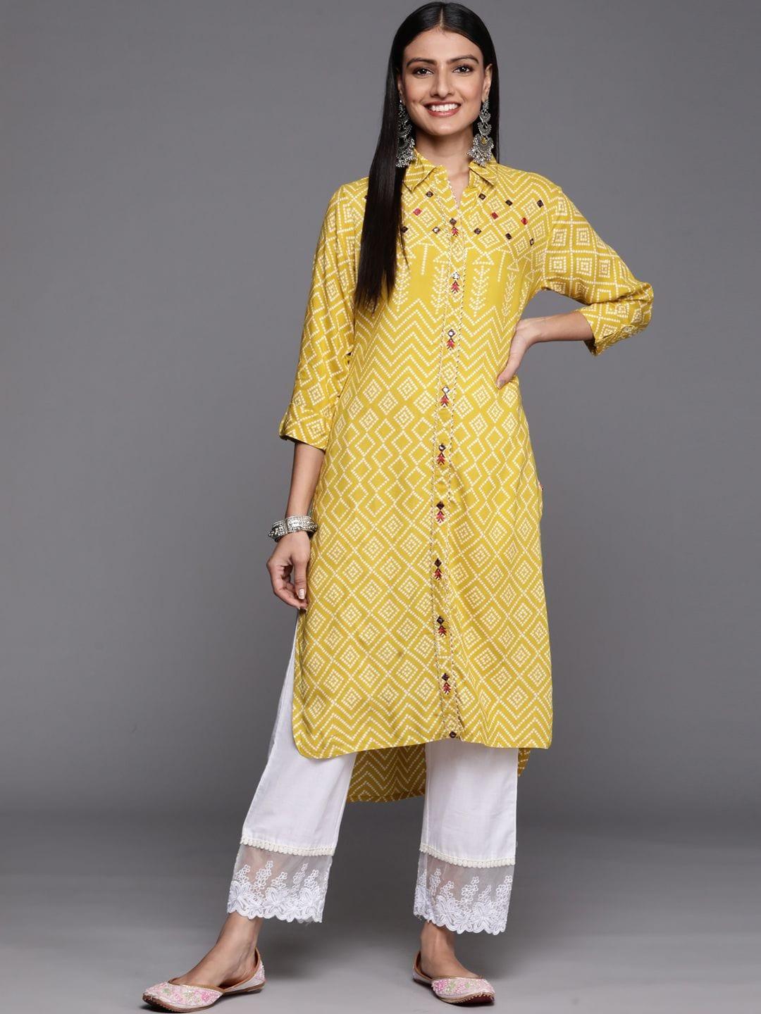 bandhani printed embroidered straight kurta with collar - Indiakreations