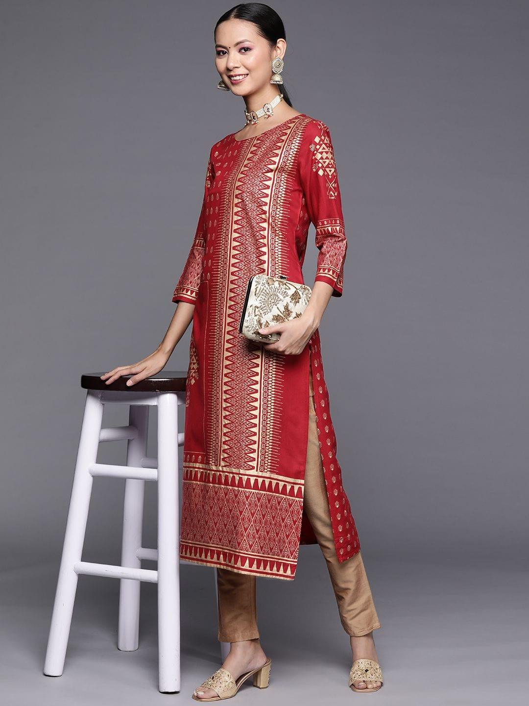 Women Maroon Printed Straight Kurta - Indiakreations