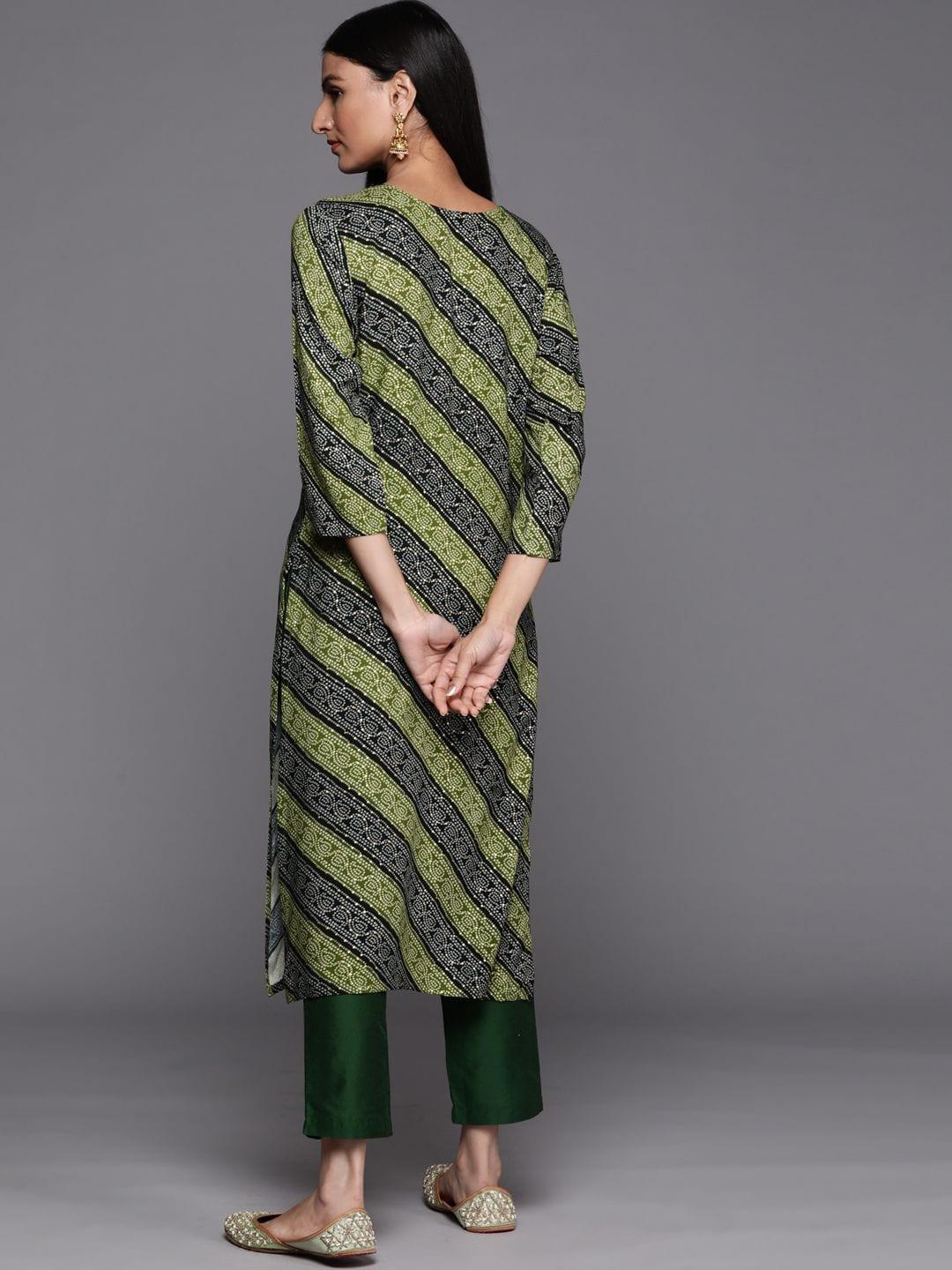 green and black bandhani printed kurta with embroidered yoke - Indiakreations