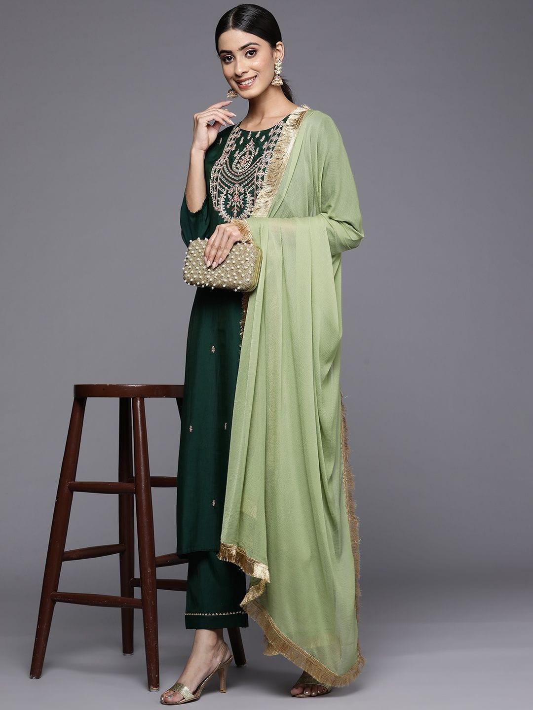 Varanga Green Embroidered Kurta Paired With Tonal Bottom And Contrast Dupatta - Indiakreations