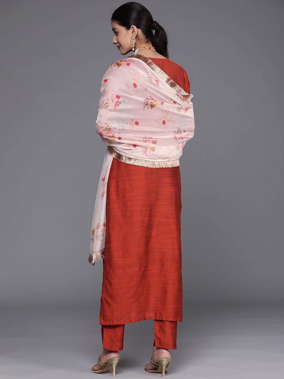 Varanga women embroidered kurta paired with pant and printed dupatta with zari fringes - Indiakreations