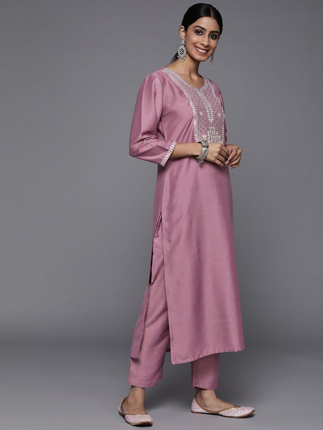 Varanga Mauve Embroidred Kurta Paired With Tonal Bottom And Dupatta - Indiakreations