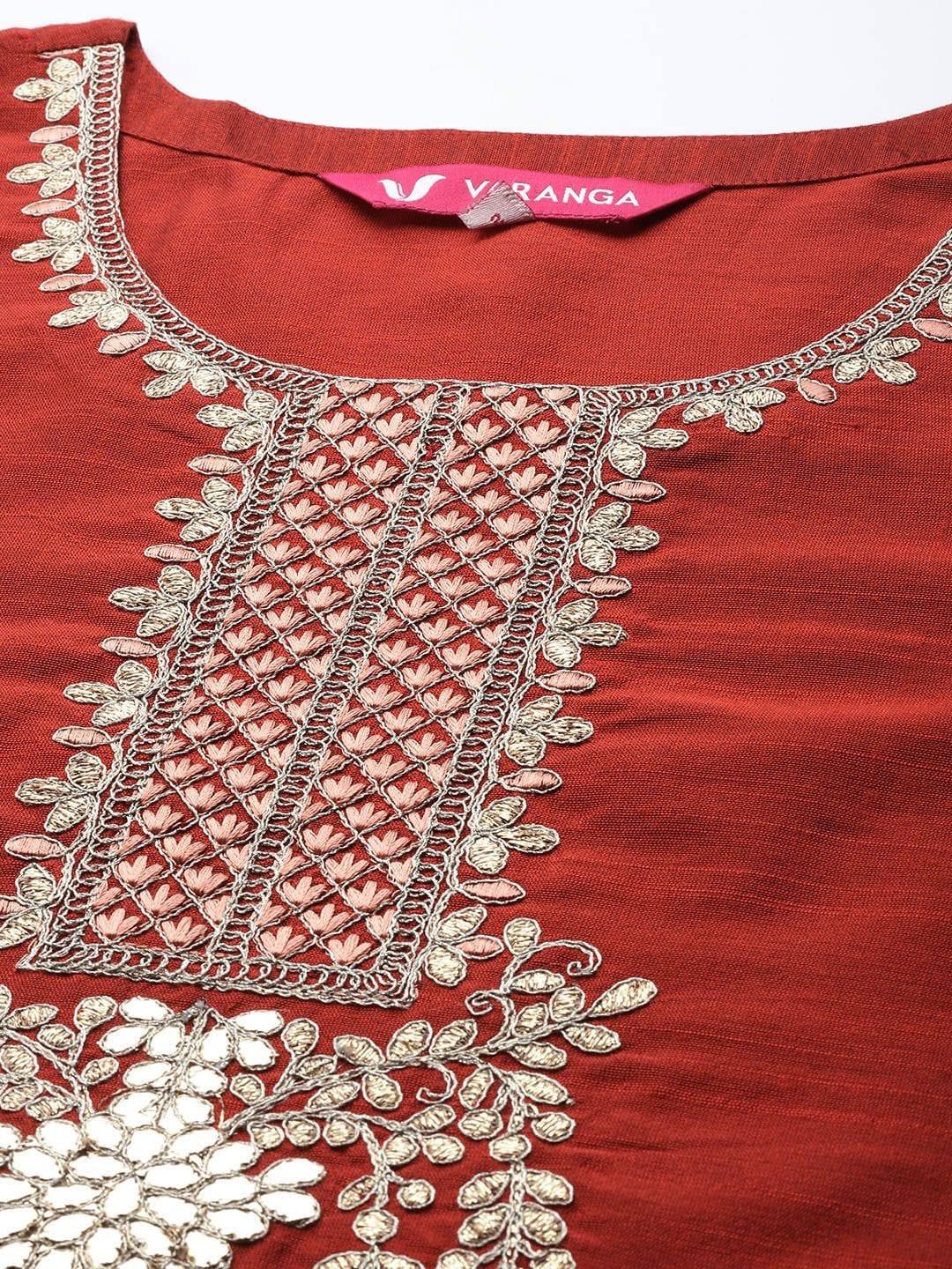 Varanga women embroidered kurta paired with pant and printed dupatta with zari fringes - Indiakreations