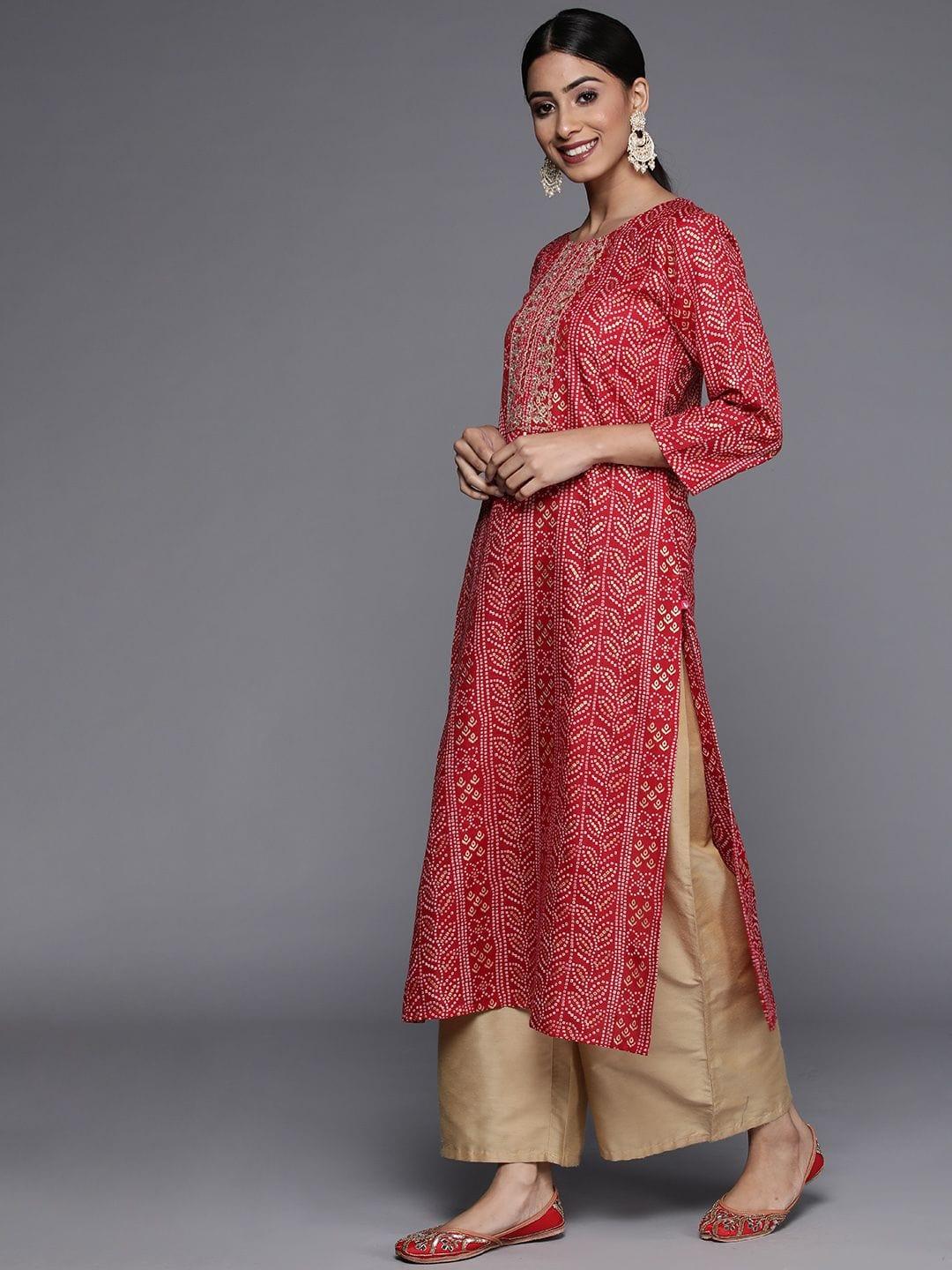 women maroon gold printed embroidered kurta - Indiakreations