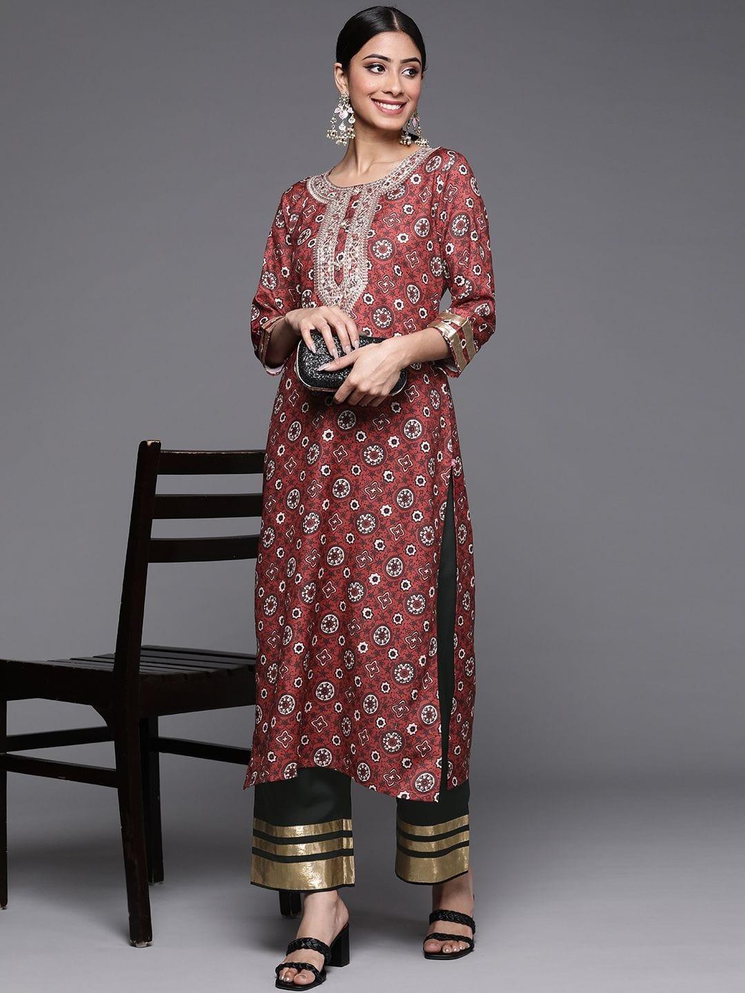 Varanga Women Maroon Ethnic Motifs Embroidered Kurta with Palazzos - Indiakreations