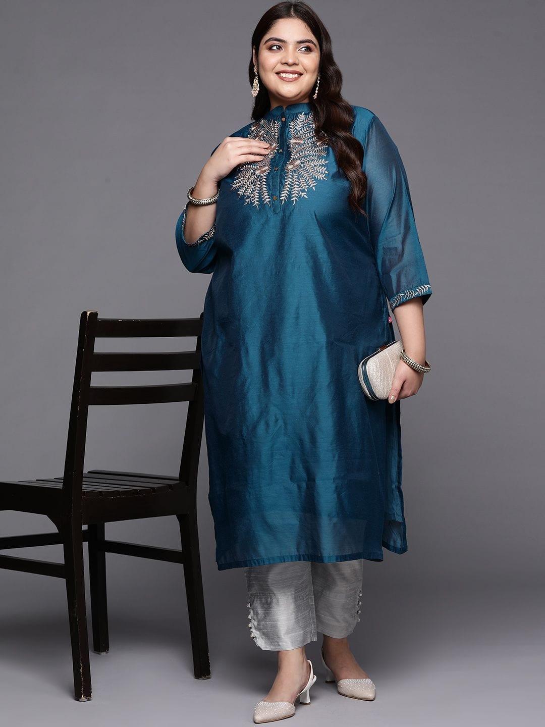 Varanga Women Navy Blue & Grey Embroidered Kurta with Trousers - Indiakreations