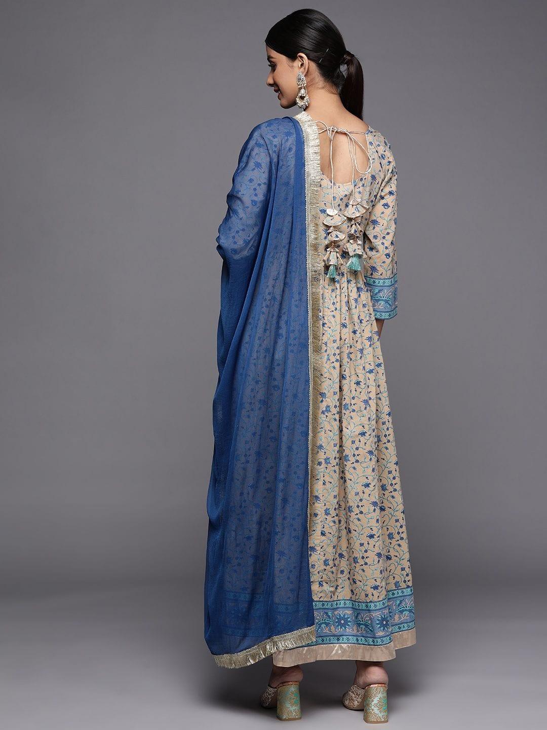 beige and blue floral printed anarkali kurta with chiffon dupatta - Indiakreations