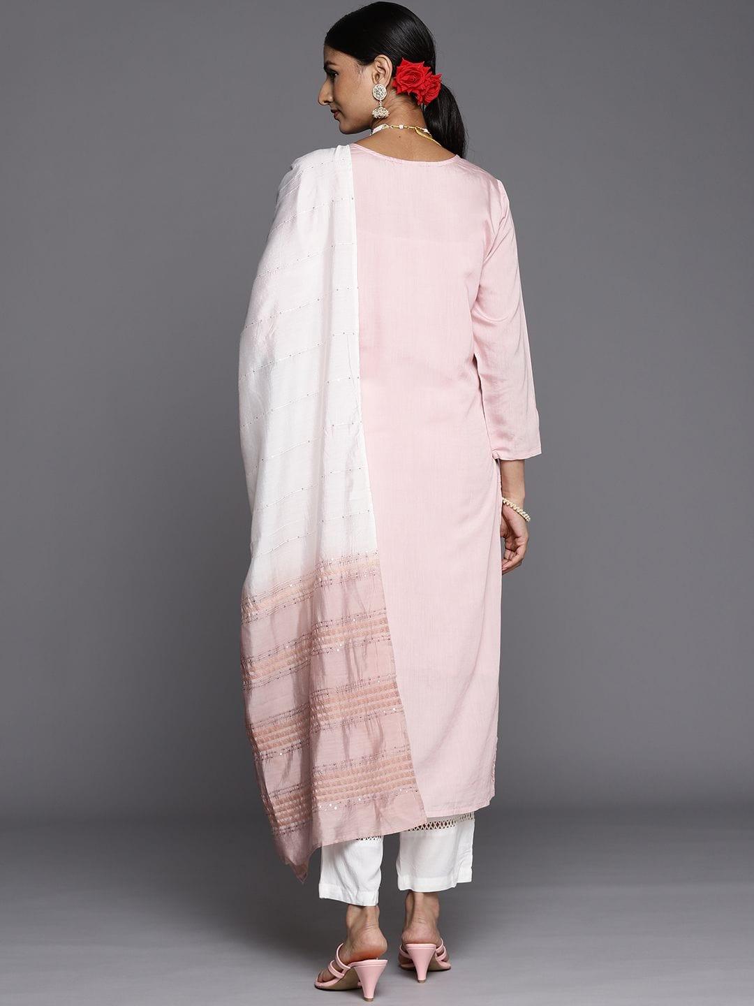 Varanga peach and white thread embroidered chanderi kurta paired with straight pant and ombre dupatta - Indiakreations