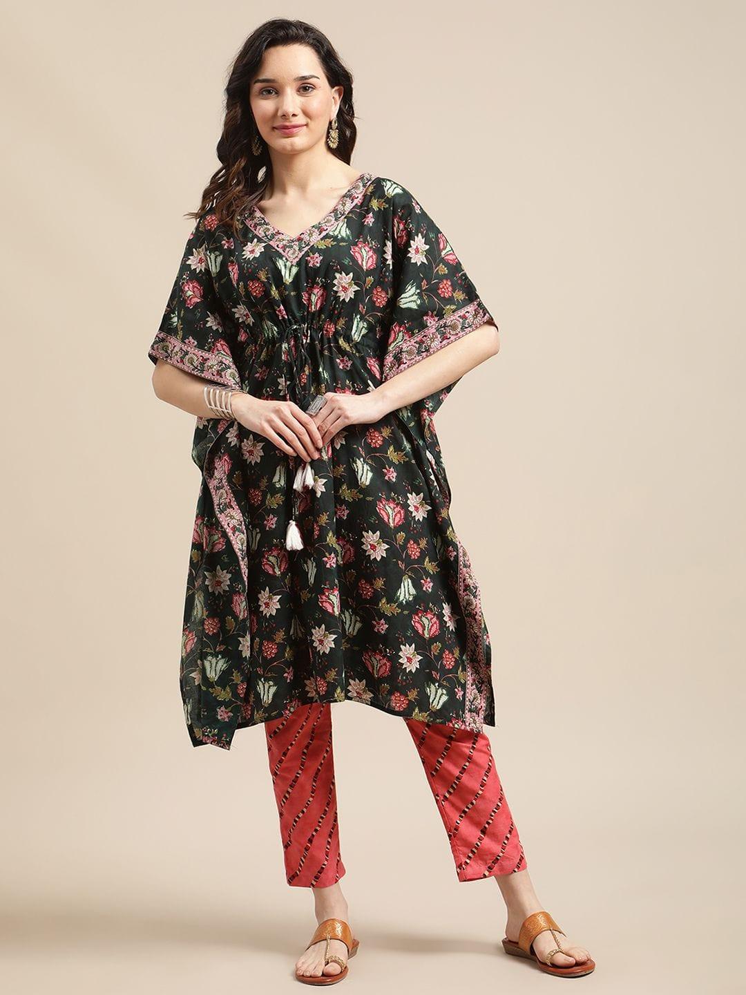 Varanga Green And Peach Floral Print Kaftan Trouser Set. - Indiakreations