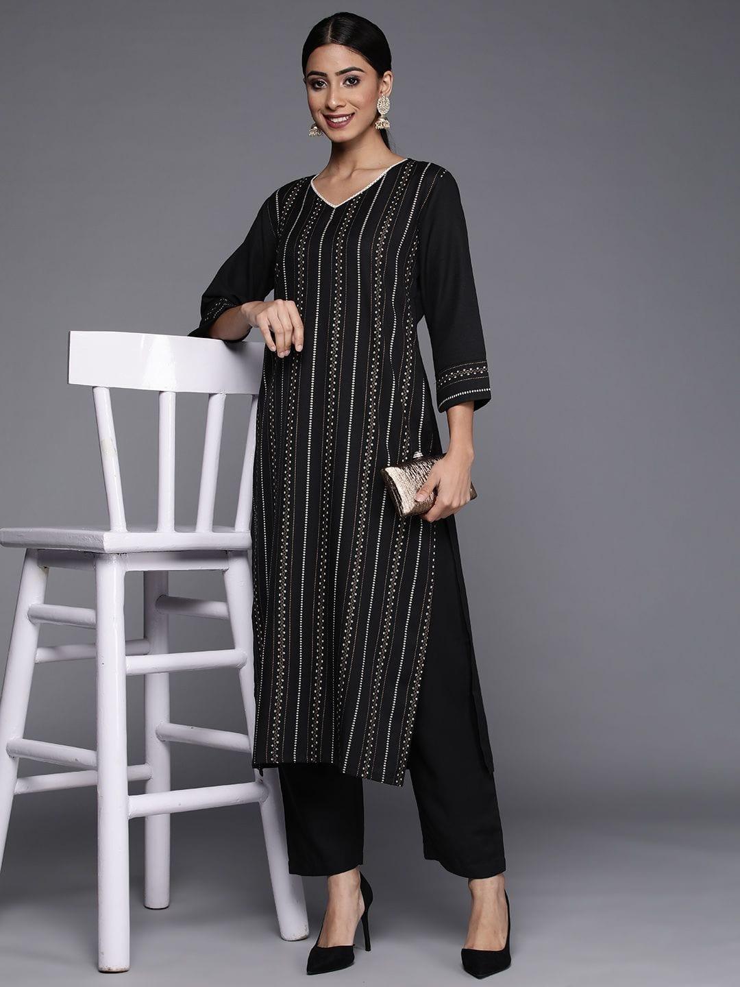 Varanga black khari printed straight kurta with straight trouser - Indiakreations