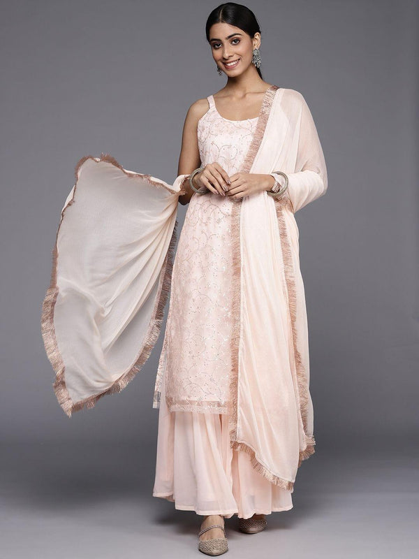 Varanga peach embroidered kurta paired with tonal sharara and dupatta - Indiakreations