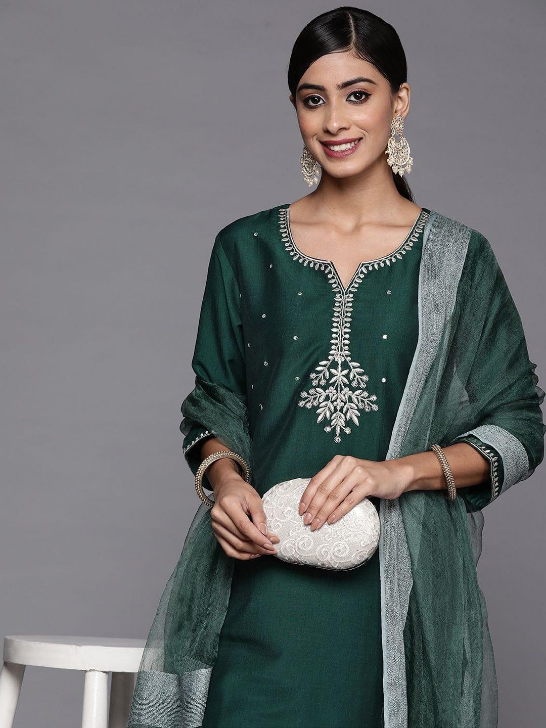 Varanga green embroidered kurta with contrast bottom and dupatta - Indiakreations