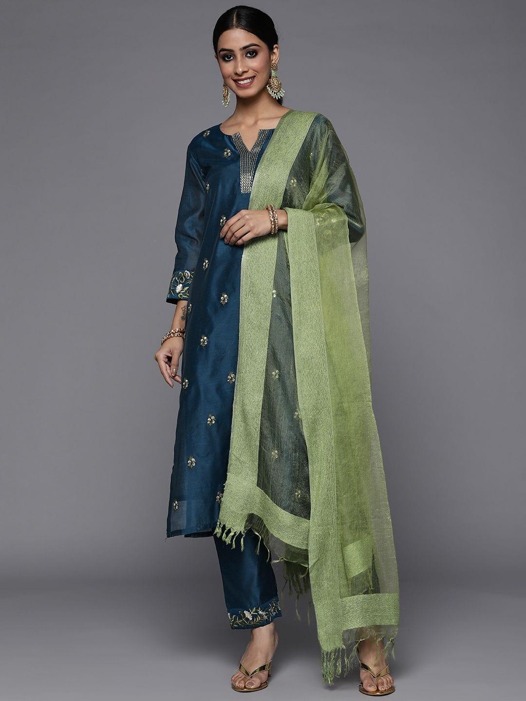 Varanga Navy Blue Embroidered Kurta Paired With Straight Tonal Trouser And Contrast Dupatta - Indiakreations