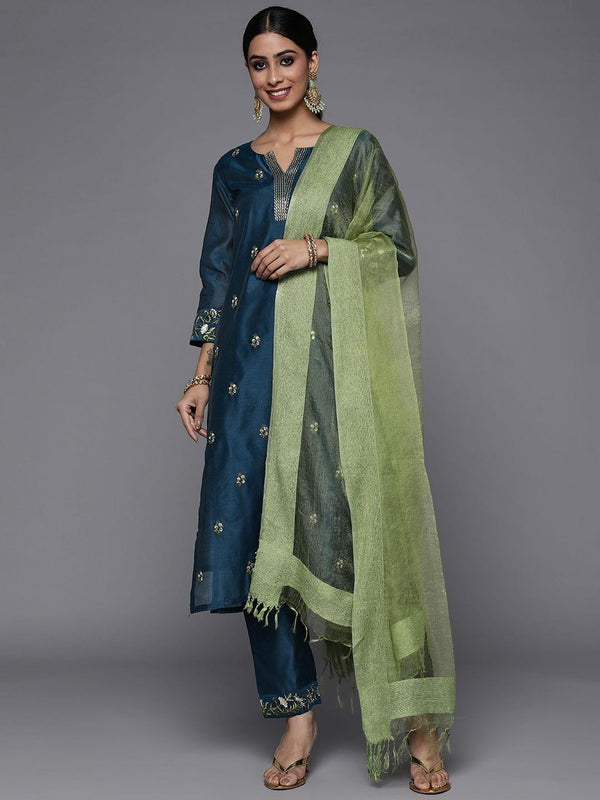 Varanga Navy Blue Embroidered Kurta Paired With Straight Tonal Trouser And Contrast Dupatta - Indiakreations