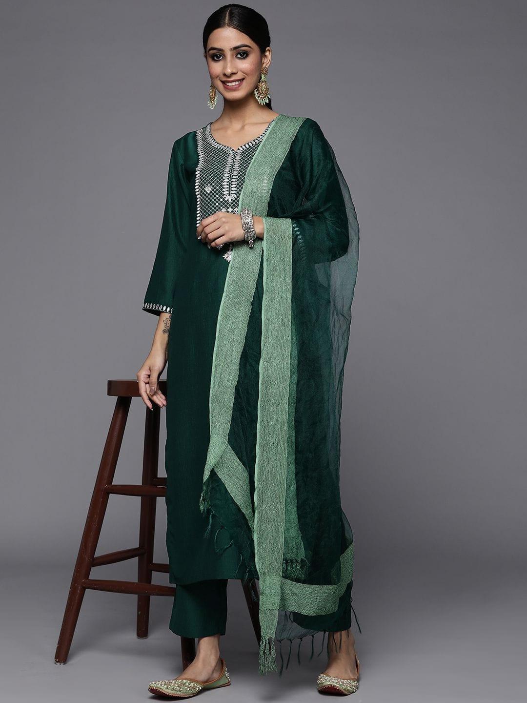 Varanga Green Embroidered Kurta Paired With Tonal Trouser And Dupatta - Indiakreations