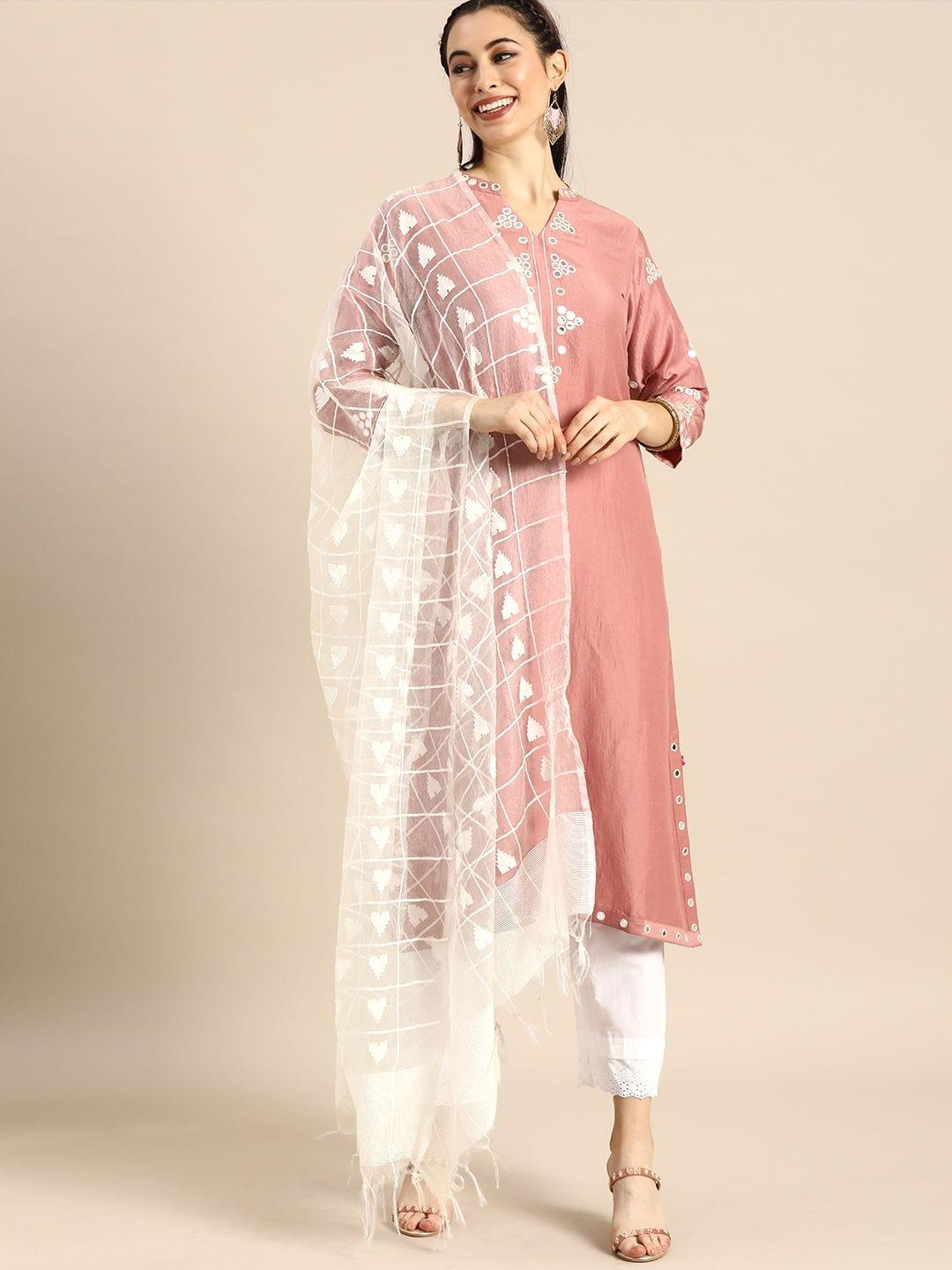 Varanga mauve mirror embroidered straight kurta paired with contrast plazzo and dupatta - Indiakreations