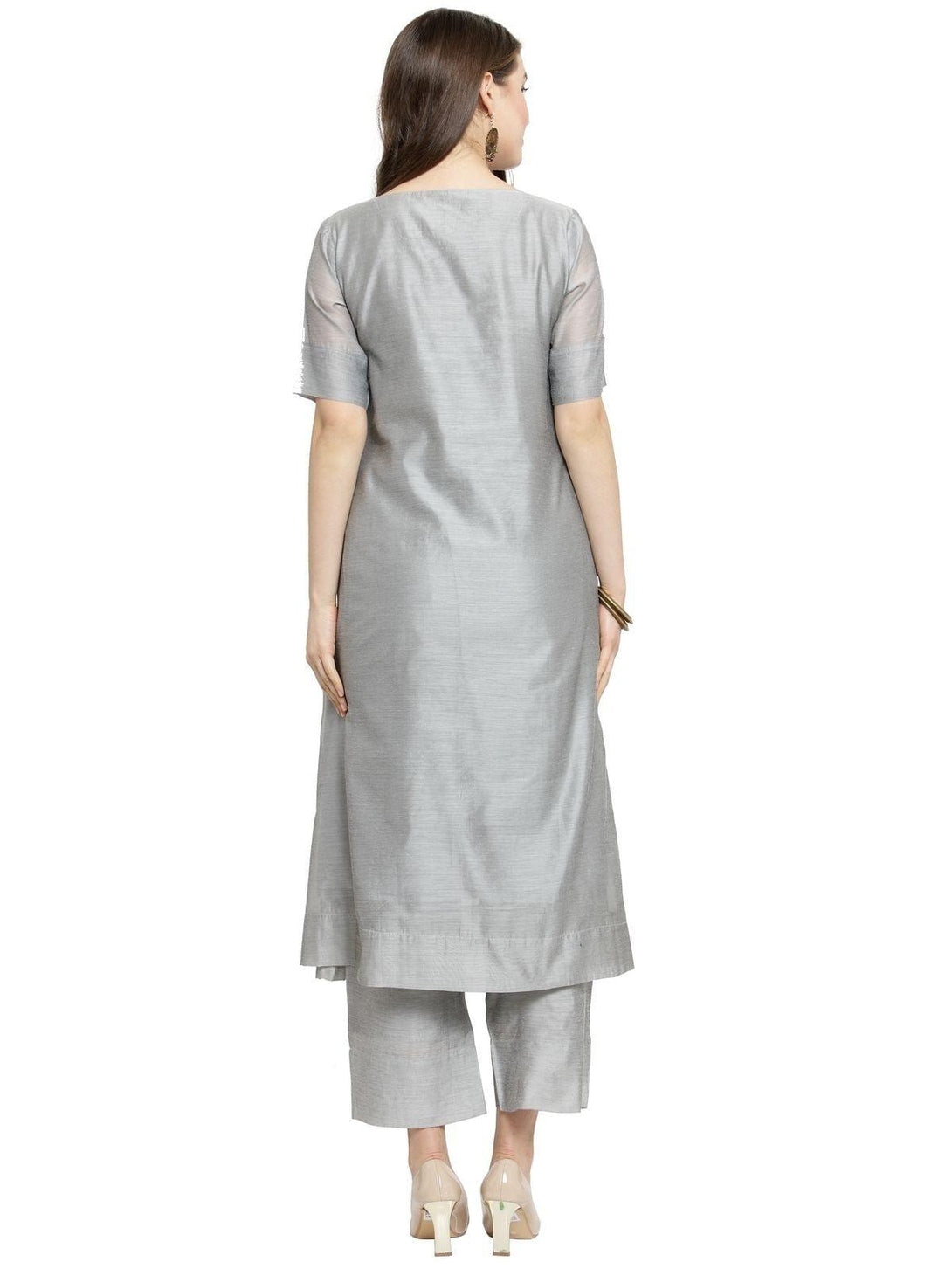 Varanga Women Grey Embroidered Kurta with Trousers - Indiakreations