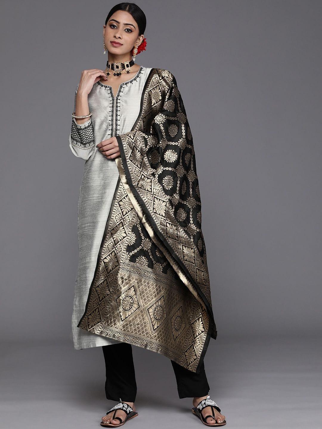 Varanga Women Grey & Black Kurta with Trousers & Dupatta - Indiakreations