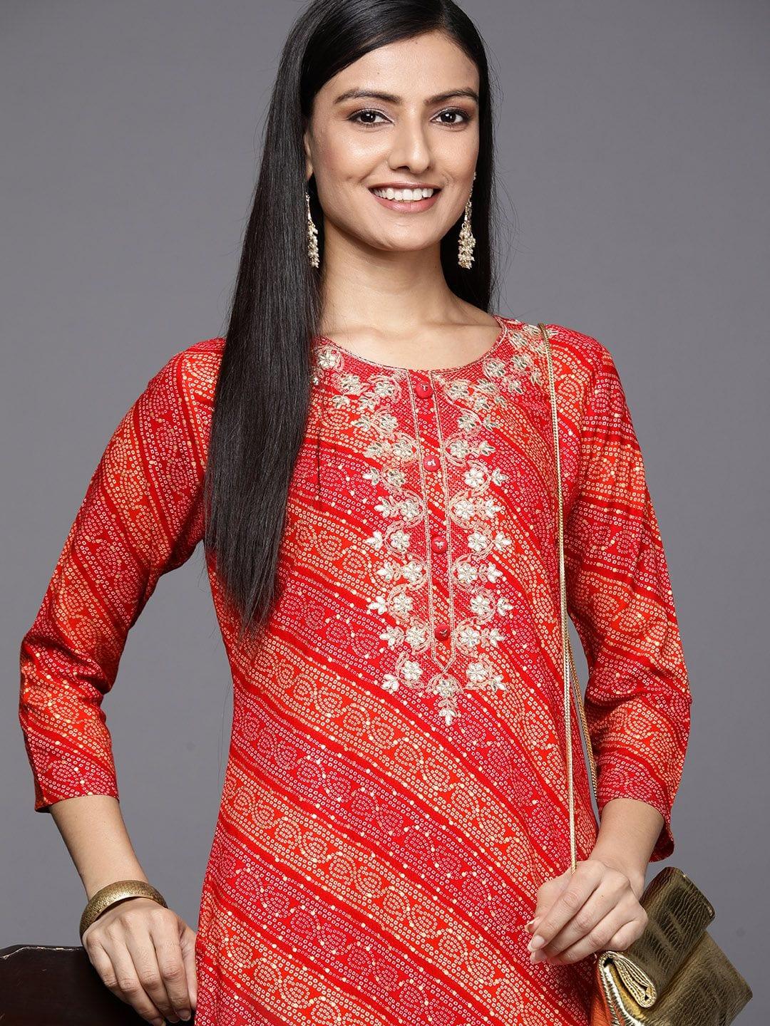 red and orange bandhani printed kurta with embroidered yoke - Indiakreations