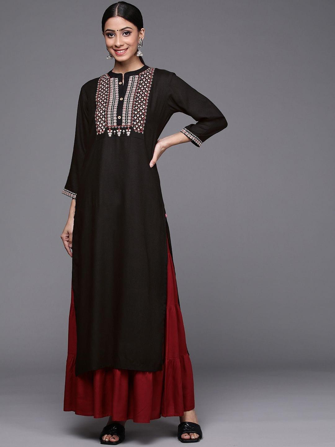 Women Black & Off White Ethnic Motifs Embroidered Yoke Design Kurta - Indiakreations