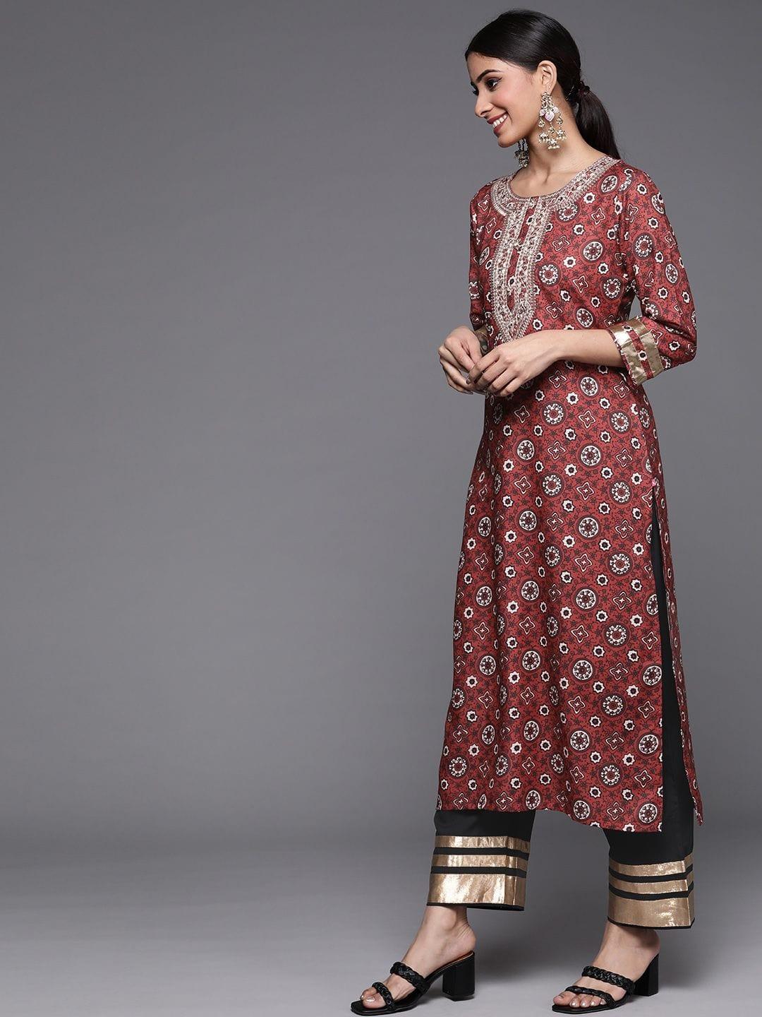 Varanga Women Maroon Ethnic Motifs Embroidered Kurta with Palazzos - Indiakreations