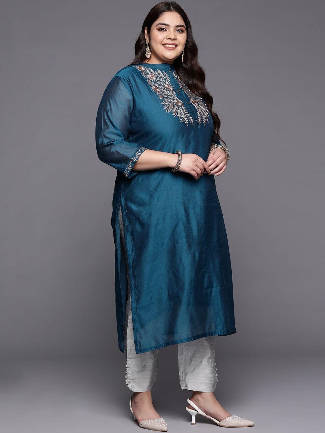 Varanga Women Navy Blue & Grey Embroidered Kurta with Trousers - Indiakreations