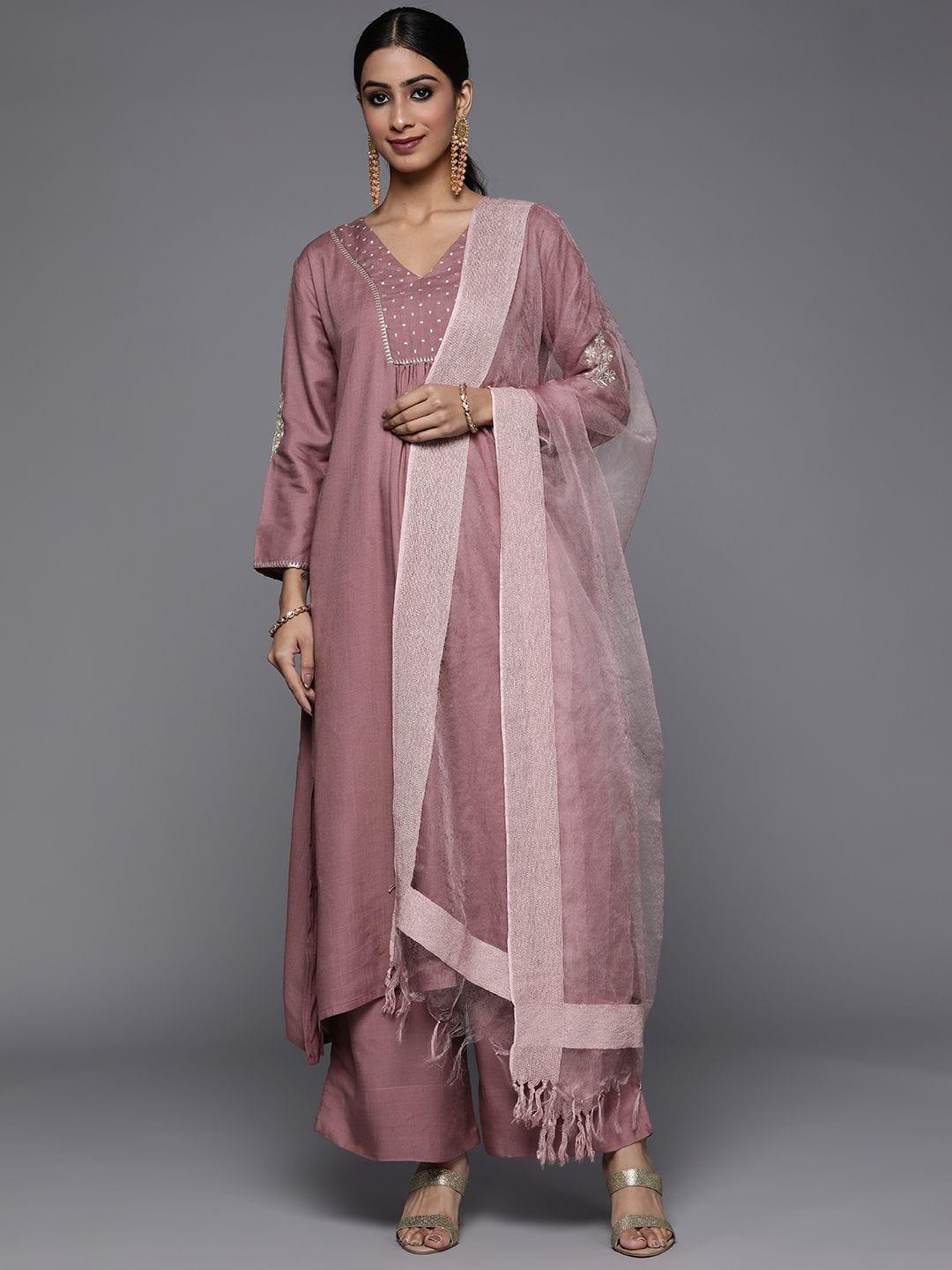 Varanga mauve embroidered A-line kurta with palazzo and dupatta - Indiakreations