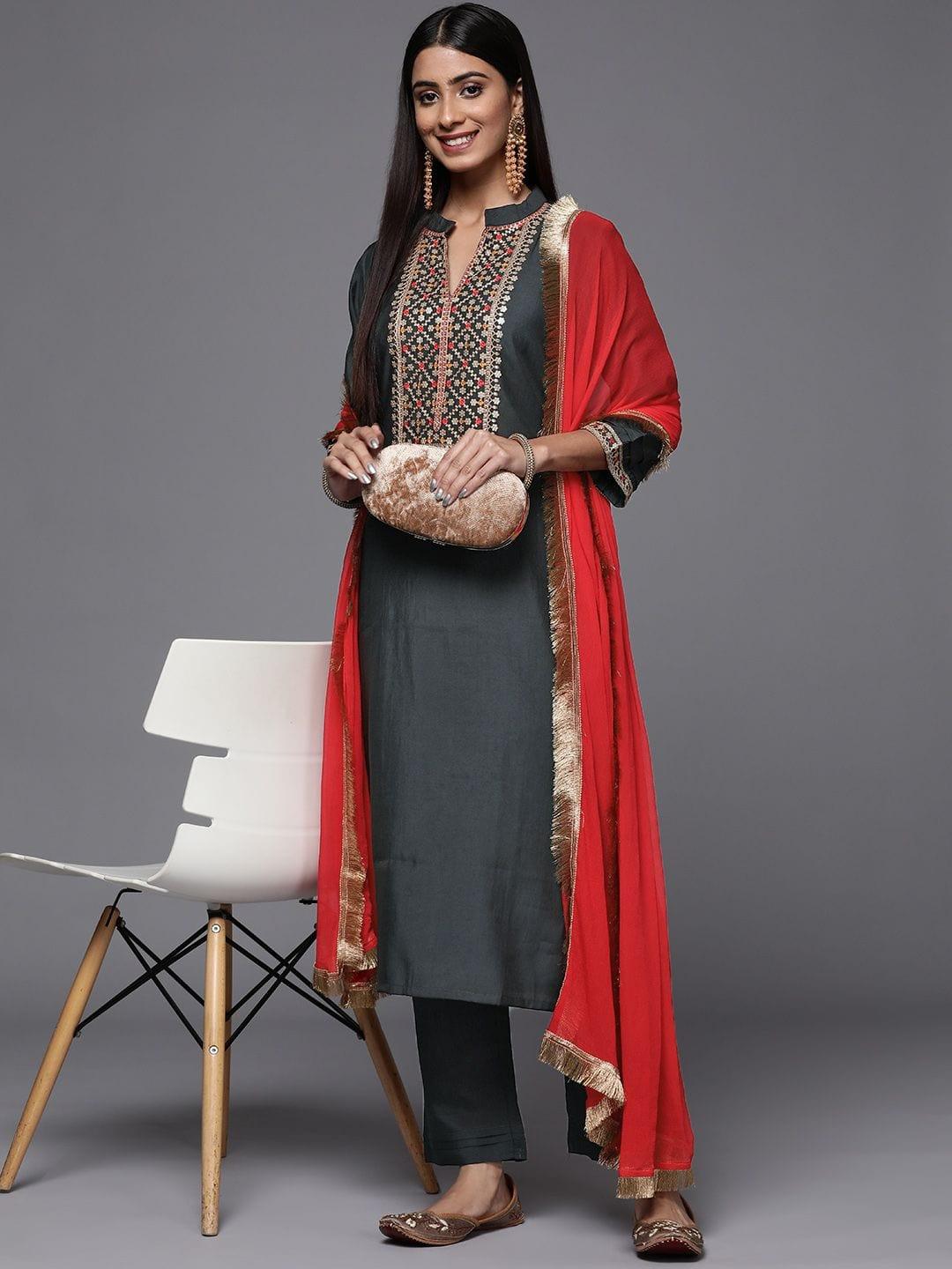 Varanga Grey Embroidered Kurta Paired With Tonal Bottom And Contrast Dupatta - Indiakreations