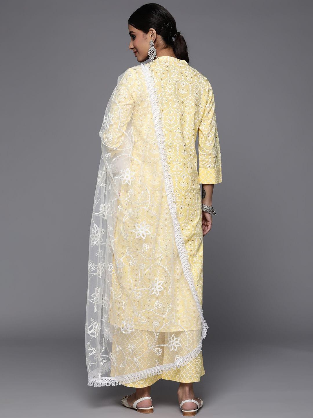 Varanga yellow printed kurta paired with straight printed bottom and contrast dupatta - Indiakreations