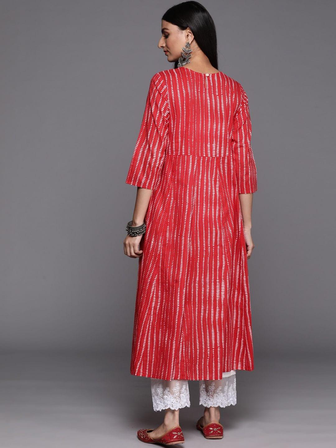 red printed A-line kurta with three quarter sleeves - Indiakreations