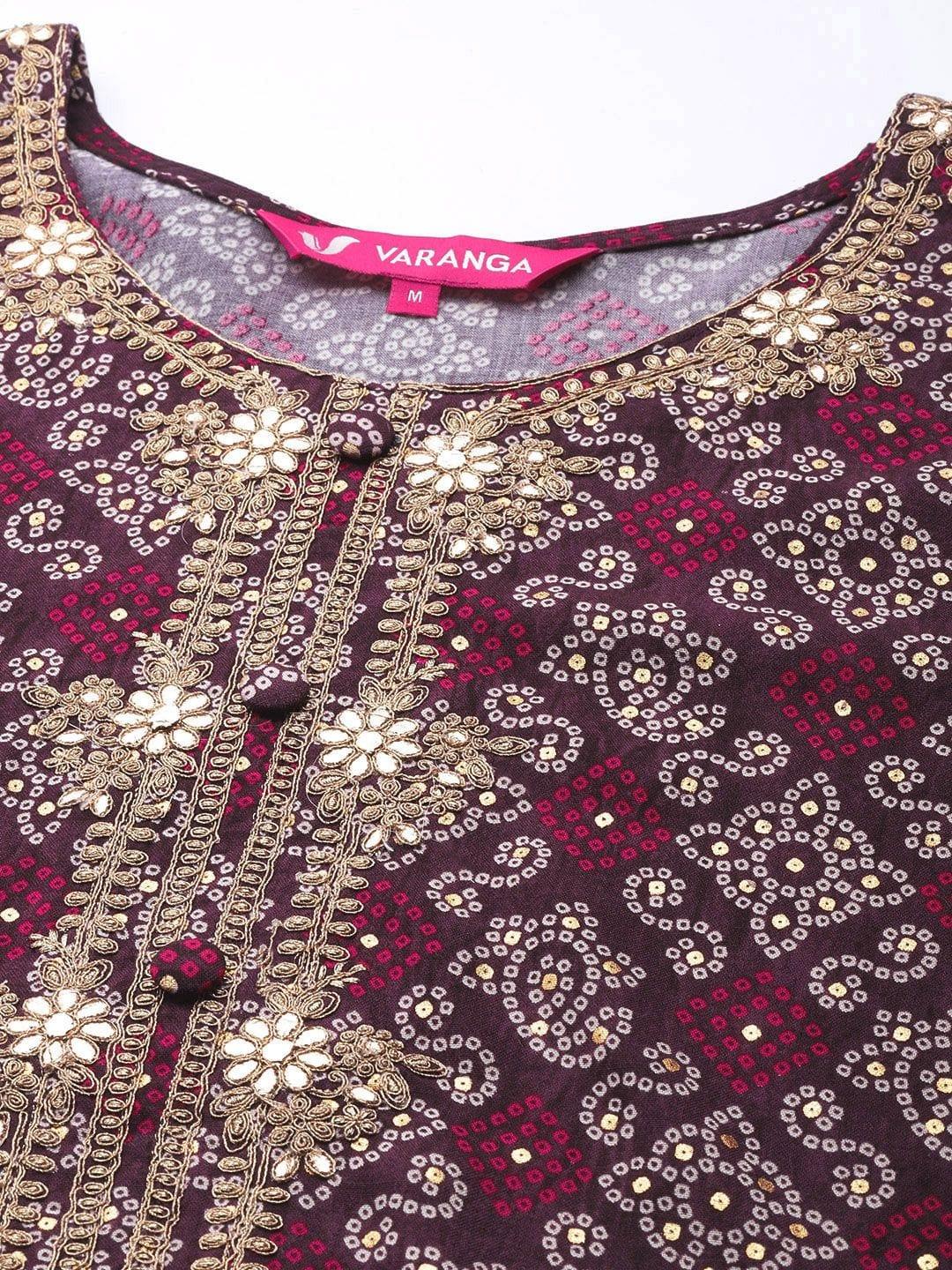 voilet bandhani printed kurta with embroidred yoke - Indiakreations