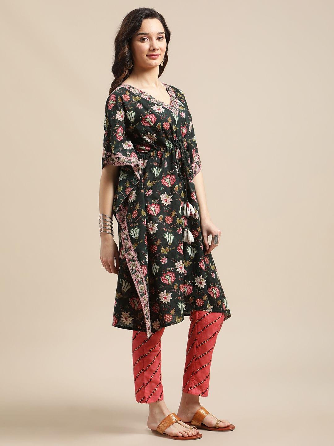 Varanga Green And Peach Floral Print Kaftan Trouser Set. - Indiakreations