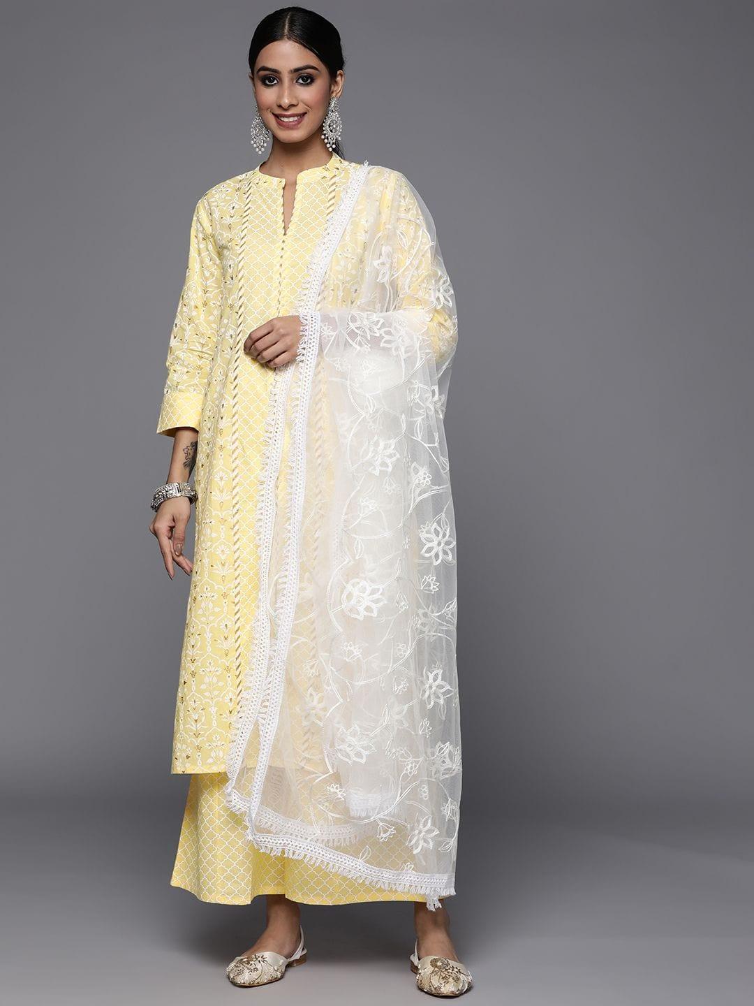 Varanga yellow printed kurta paired with straight printed bottom and contrast dupatta - Indiakreations