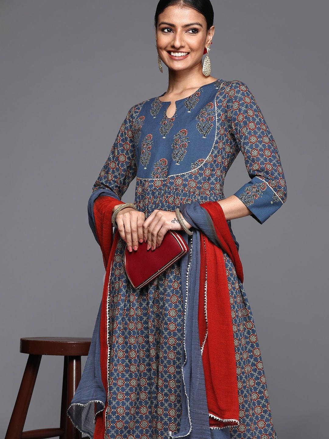 Varanga blue and rust yoke style anarkali paired with printed palazzo and ombre dupatta - Indiakreations