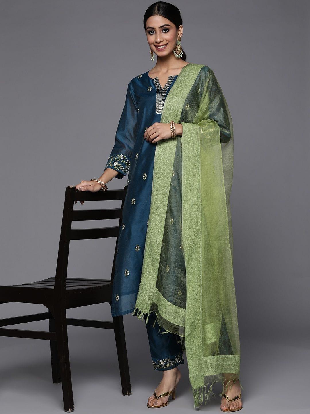 Varanga Navy Blue Embroidered Kurta Paired With Straight Tonal Trouser And Contrast Dupatta - Indiakreations