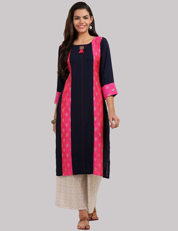 Women's KSUT Navy Blue And Fushcia Gold Foil Printed Panelled Straight Kurta - Varanga